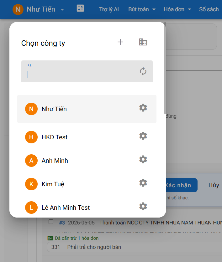 Phần mềm kế toán dịch vụ Vietbooks chuyển giữa nhiều công ty khách hàng
